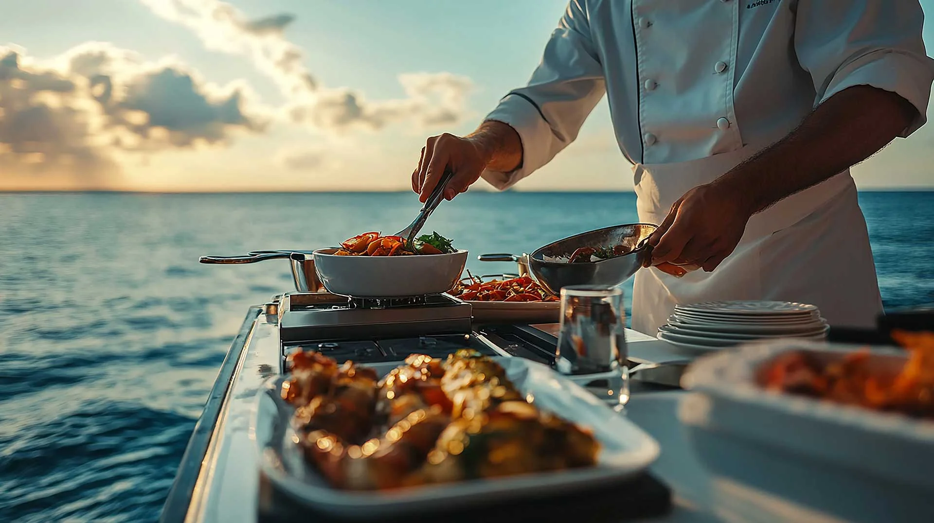 Professional private chef preparing gourmet cuisine on a luxury yacht in Monaco