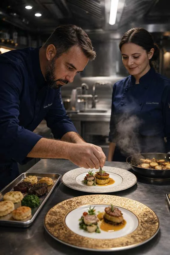 Professional private chef preparing gourmet cuisine on a luxury yacht in Monaco